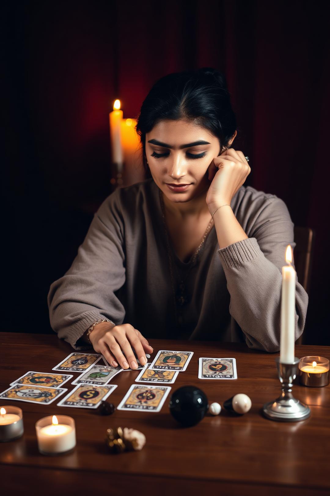 A tarot reader at a candle-lit wooden table, hands resting beside a fanned deck of Rider-Waite tarot cards