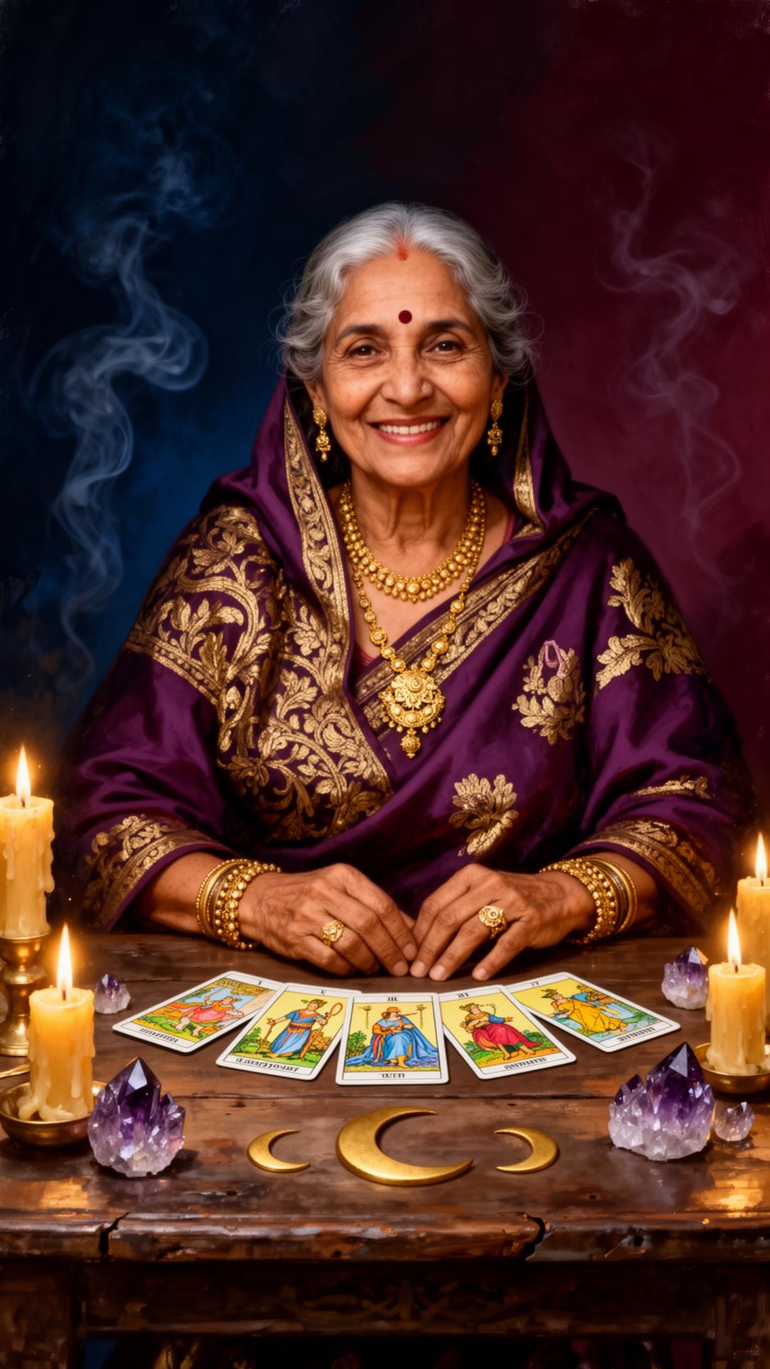 Devika, a tarot reader, seated at a wooden table with cards, candles, and crystals